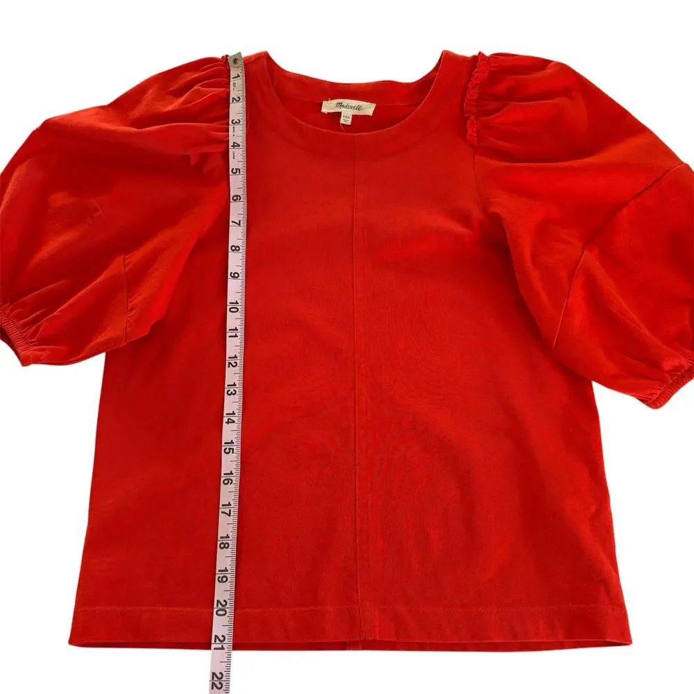 Madewell Puff Sleeve Cotton Crewneck Tee Shirt Bright Flame Women’s Size XXS NWT